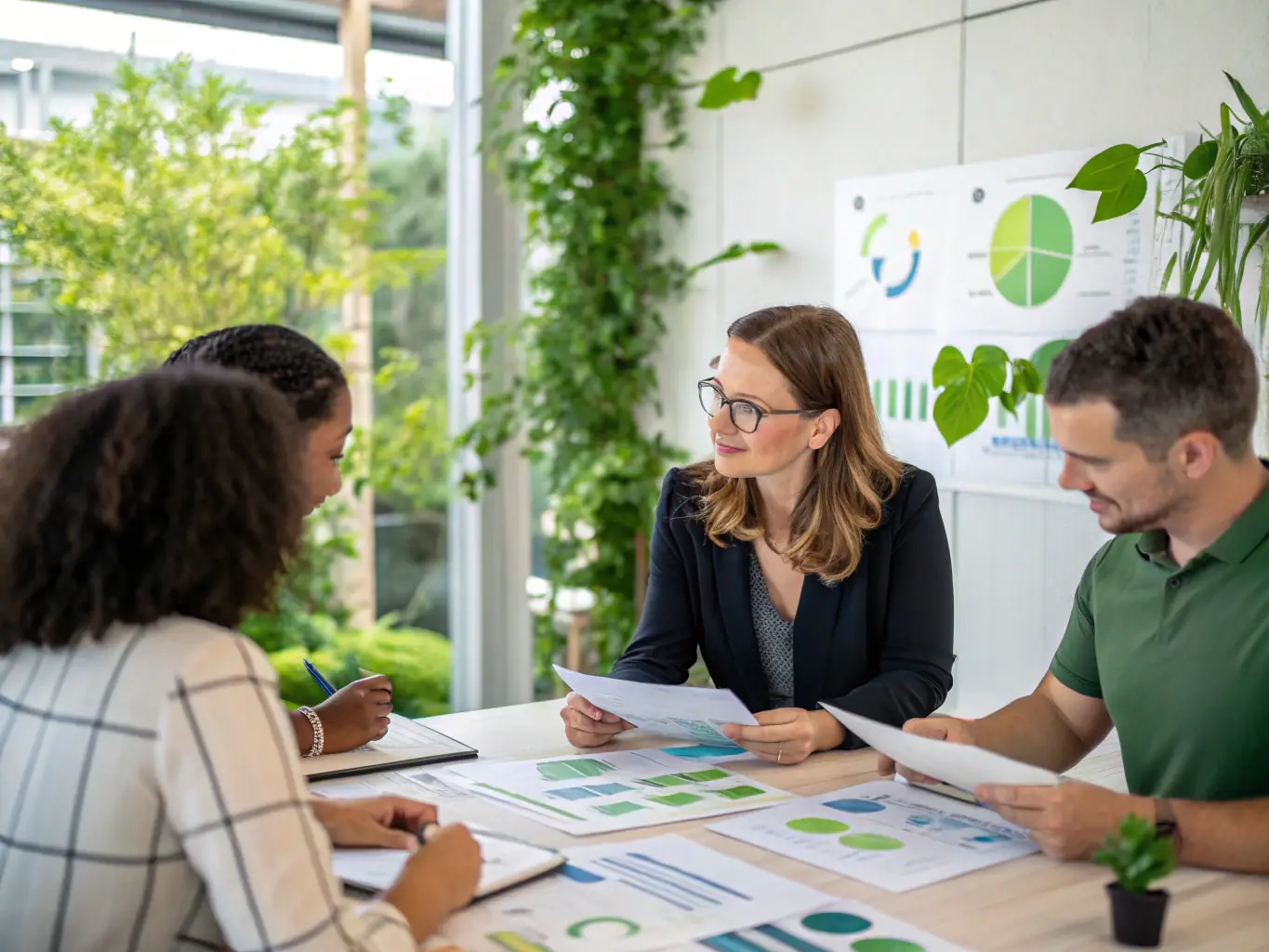A team of consultants discussing environmental management strategies around a table, with charts and graphs displayed on a screen in the background.