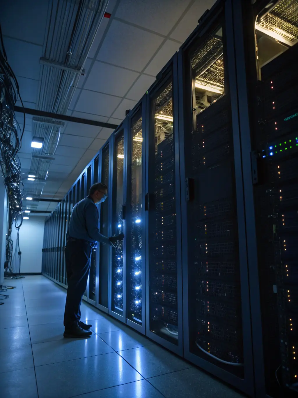 A data center with servers and networking equipment, illustrating ISO 27001 Information Security Management consultancy.